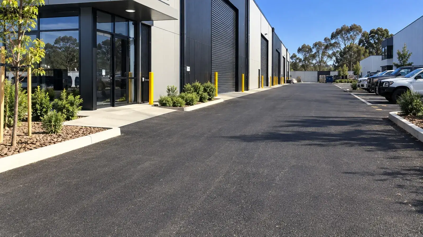Asphalt access road and car park beside commercial units in Bendigo