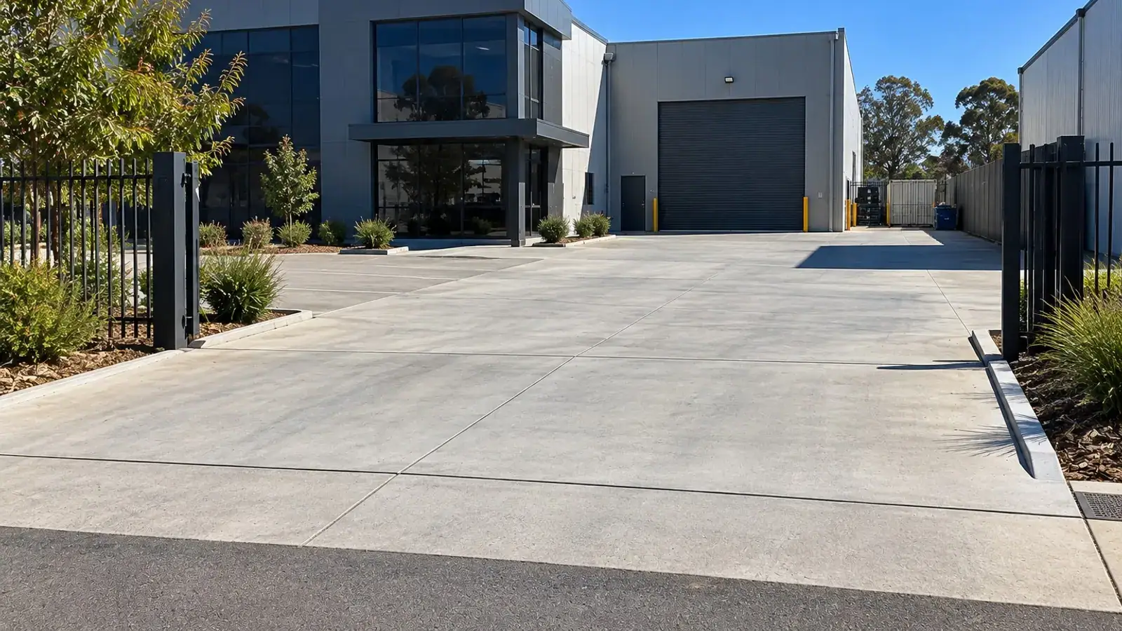 Saw-cut concrete forecourt leading to a roller door at a commercial warehouse